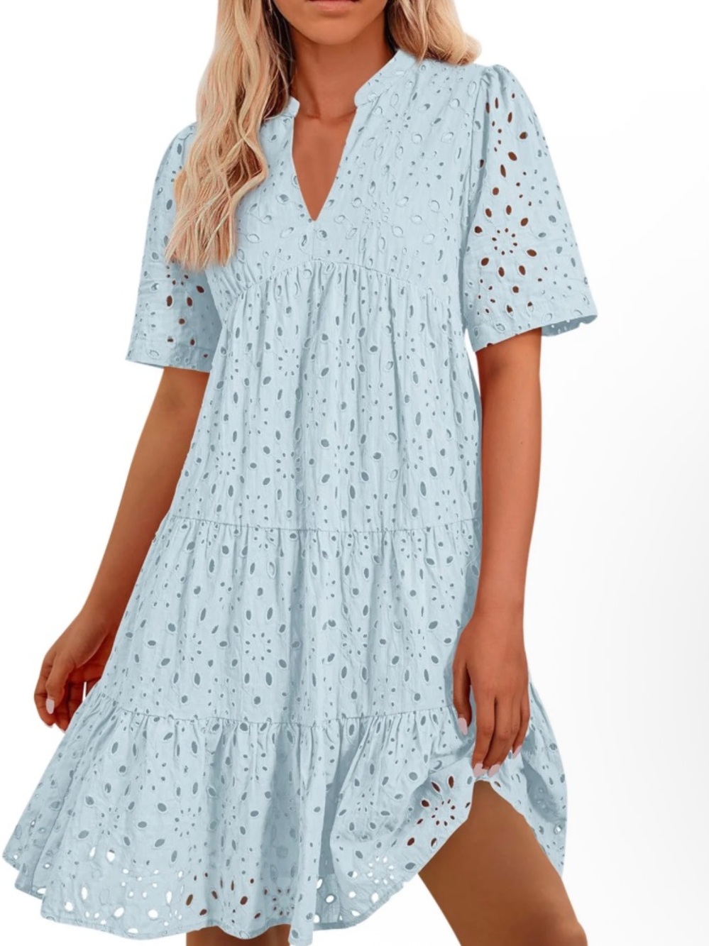 Light Blue Eyelet Summer Dress with Puff Sleeves - Picture 4 of 5